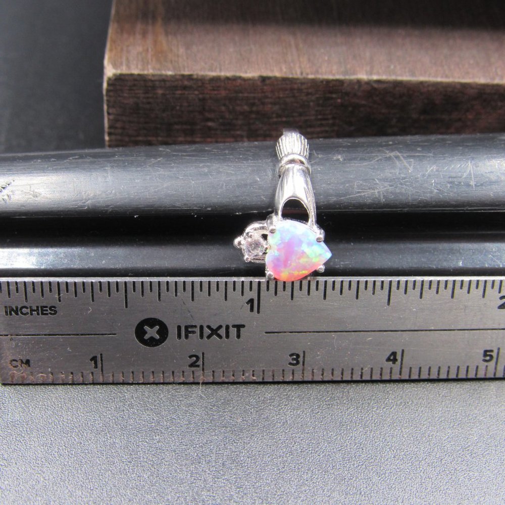 Size 6.25 Sterling Silver Lab Opal Heart And CZ Claddagh Band Ring - Picture 4 of 5